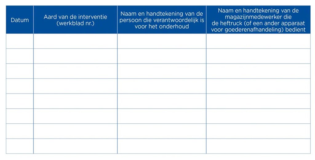 Voorbeeld van een onderhoudslogboek voor logistieke apparatuur voor goederenafhandeling Voorbeeld van een onderhoudslogboek voor logistieke apparatuur voor goederenafhandeling