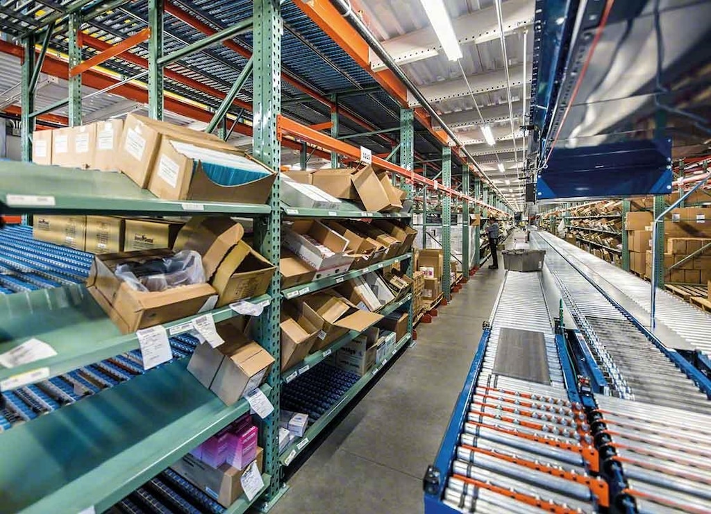 Orderpickingzone uitgerust met transport- en rollenbanen voor magazijnbakken en dozen Orderpickingzone uitgerust met transport- en rollenbanen voor magazijnbakken en dozen