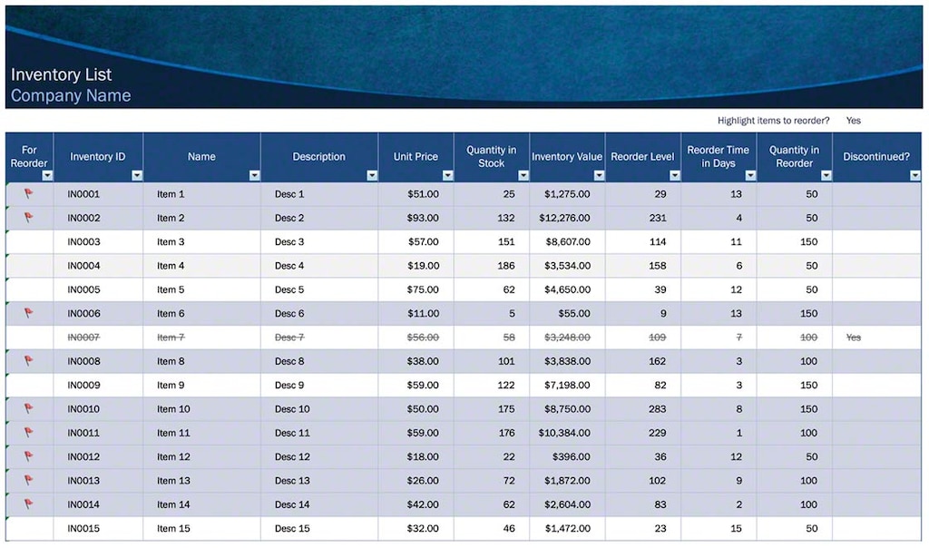 Voorbeeld van een Excel-sjabloon voor het opmaken van een inventaris Voorbeeld van een Excel-sjabloon voor het opmaken van een inventaris