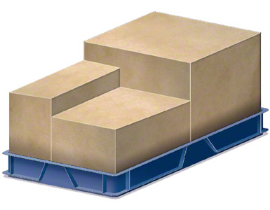 Een lage kunststof bak waarin de door de leverancier verzonden dozen worden geplaatst