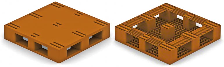 lijkt veel op een houten pallet van type 2, met doorlopende sleden aan de onderkant; hierbij moet men met dezelfde beperkingen rekening houden als van de houten pallet.