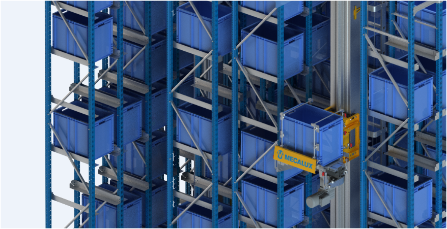 Het speelgoed Clics opgeslagen in een automatisch entrepot voor magazijnbakken