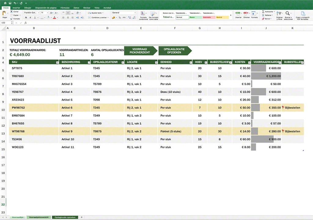 Excel voorraadbeheer impliceert het handmatig beheren van de inkomende en uitgaande referenties van het magazijn