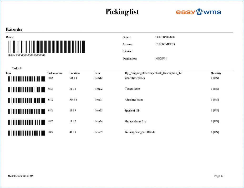 Voorbeeld van een orderpicklijst gegenereerd door het Warehouse Management Systeem Easy WMS