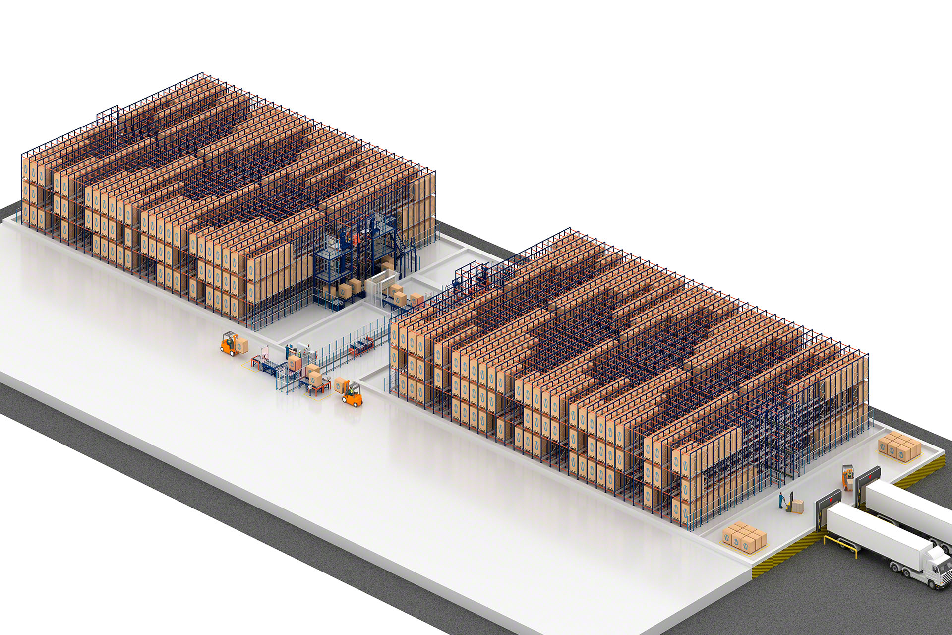 Dankzij een gangpad met een aanvoerwagen, kan de automatische shuttle in verschillende modules binnen hetzelfde magazijn functioneren