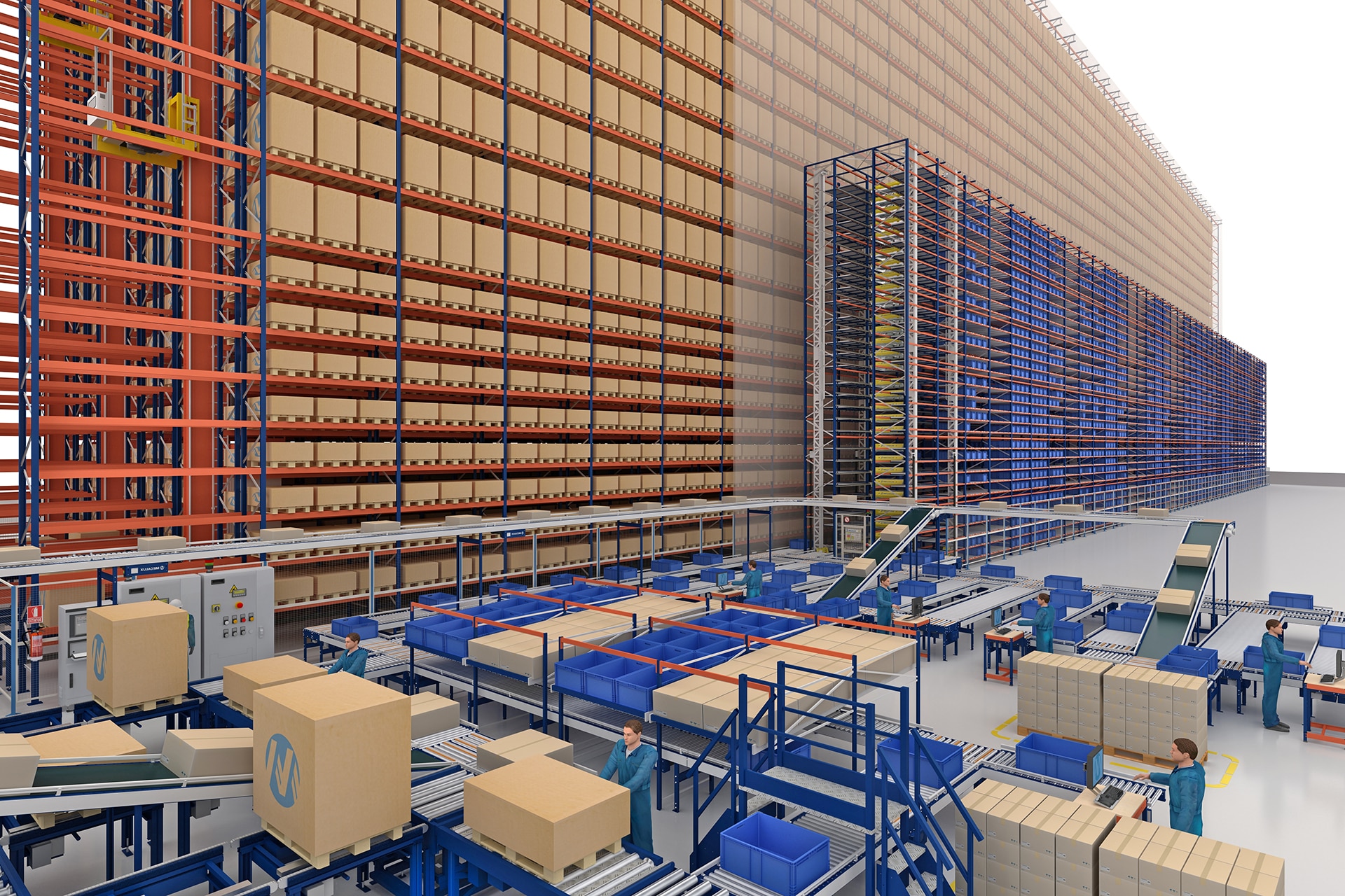   In een logistieke installatie kan het shuttlesysteem voor dozen en magazijnbakken met andere opslagsystemen worden gecombineerd