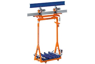 Bij een elektrisch Monorailsysteem met bovengeleider hangen de karretjes aan een rail die aan het dak is bevestigd