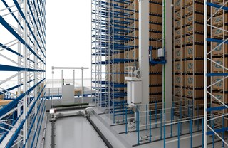 De bruglift wordt gebruikt om van gangpad te wisselen met een magazijnkraan