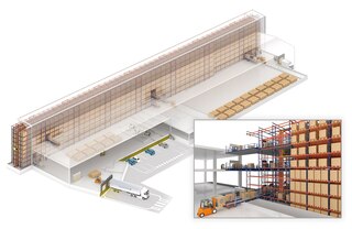 De magazijnkranen zijn compatibel met stellingen met toegang tot de opslaglocaties vanaf verschillende niveaus