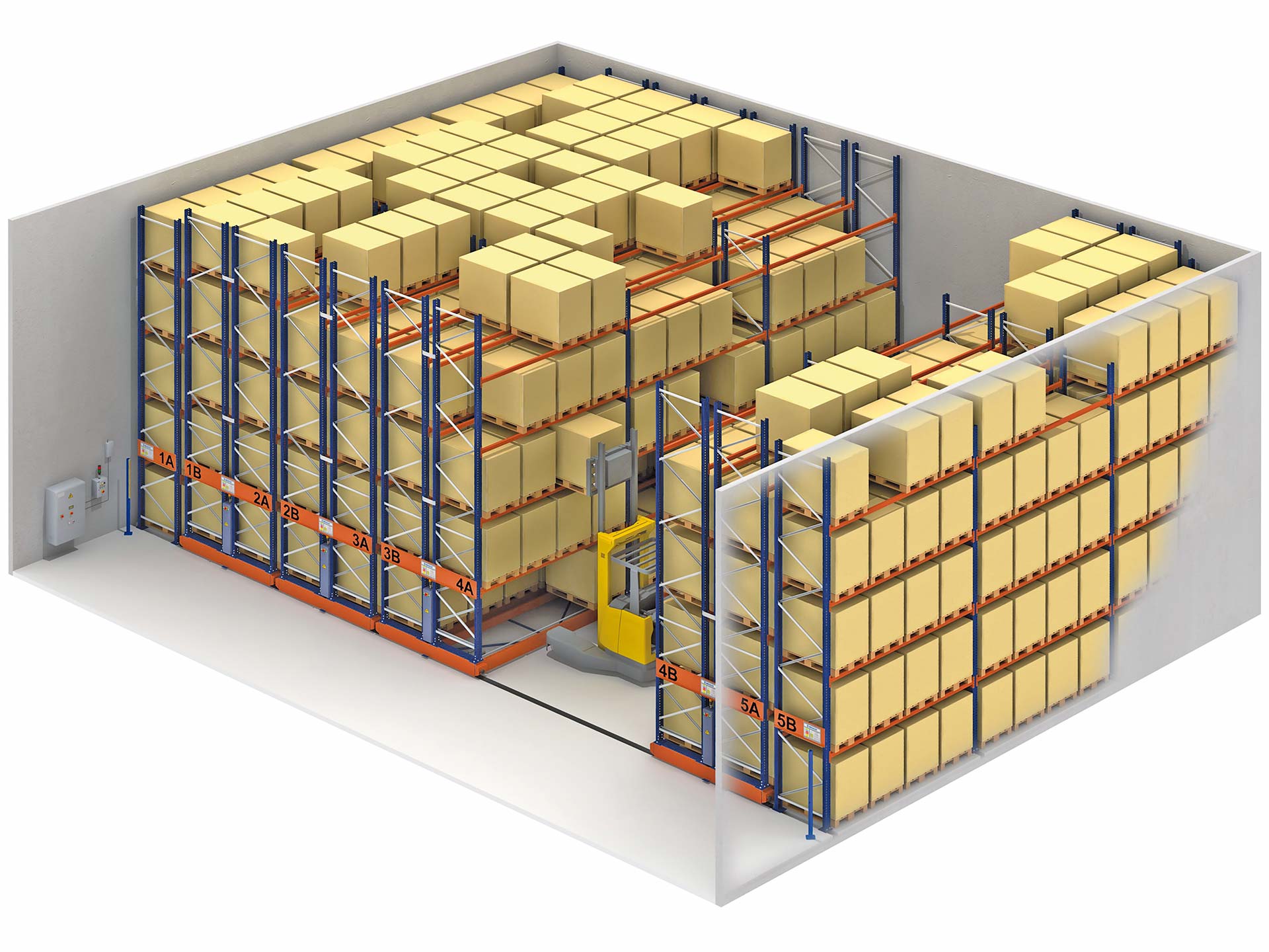 Het Movirack-systeem biedt de magazijnmedewerkers met heftrucks, indien noodzakelijk, directe toegang tot de goederen