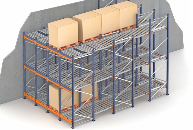 The pallet flow rack is an agile and efficient high-density storage system The pallet flow rack is an agile and efficient high-density storage system
