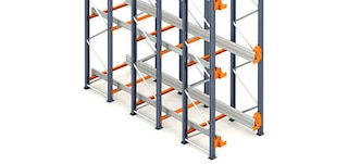 De shuttle stelling bestaat uit liggers, staanders en rails