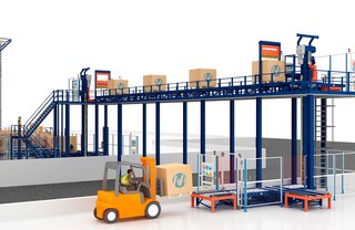 Verticale transportbanden vergemakkelijken het continue transport van ladingen op pallets op hoogte