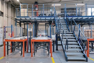 Verticale pallettransportbanden zijn ideaal voor tussenvloeren/entresols en stellingen met een hoog gangpad