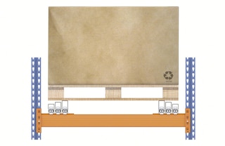 In de uitvoering met geleiders rusten de pallets op de geleiders, behalve de voorste, die op de rails rust