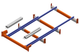 De opstelling voor drie pallets omvat vier rails en vier geleiders