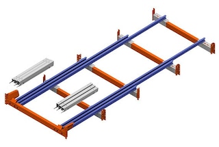 De opstelling voor vier pallets bestaat uit zes rails en zes geleiders
