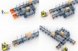 Het circuit van rollenbanen kan uitgerust worden met een ergonomisch werkstation voor orderpicking van pallets