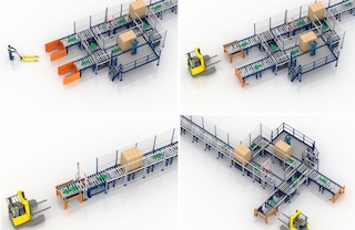 Het circuit van rollenbanen kan uitgerust worden met een ergonomisch werkstation voor orderpicking van pallets