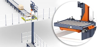 De lift vervoert de pallets verticaal om verschillende niveaus van het magazijn met elkaar te verbinden