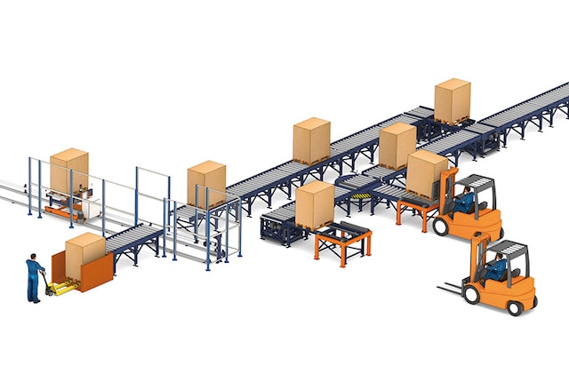Pallet rollenbanen garanderen een continue en automatische flow van pallets Pallet rollenbanen garanderen een continue en automatische flow van pallets