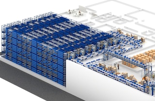 Het Shuttlesysteem kan worden geconfigureerd met grote stellingen en meerdere gangpaden voor optimaal ruimtegebruik