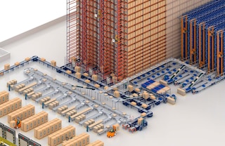 In bepaalde magazijnen bestaan dozentransportbanen naast pallettransportcircuits