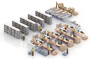 Een circuit van rollenbanen voor dozen automatiseert de goederenstroom in magazijnen met handmatige orderpicking