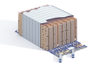 Geautomatiseerde zelfdragende magazijnen kunnen worden ontworpen met dubbeldiepe stellingen die worden bediend door magazijnkranen voor pallets