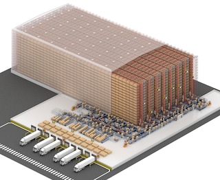 Een transportband verbindt het magazijn met andere zones, zoals de expeditieruimte